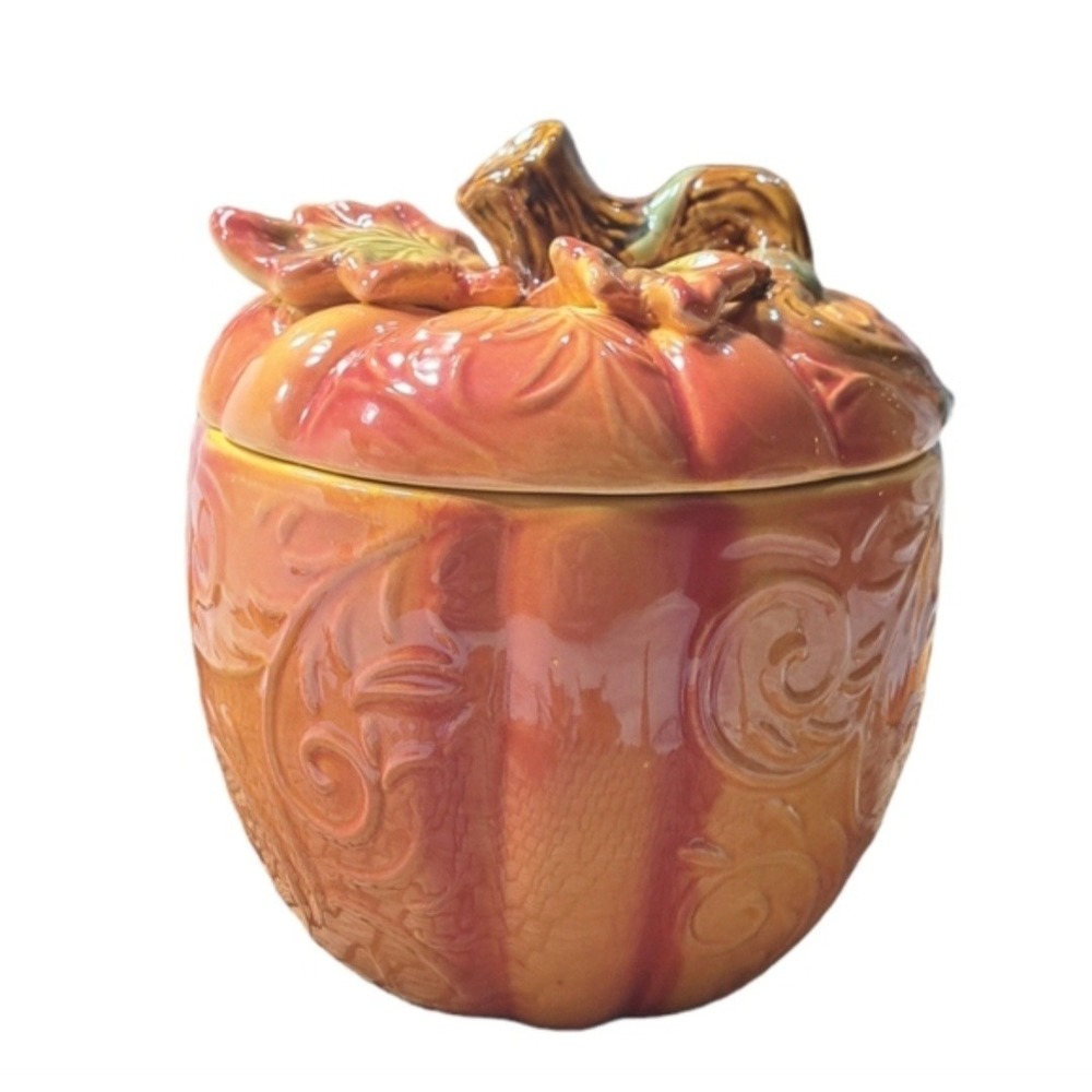 Pumpkin Individual Ceramic Bowl with Lid Orange Embossed Scrolls Fall Harvest